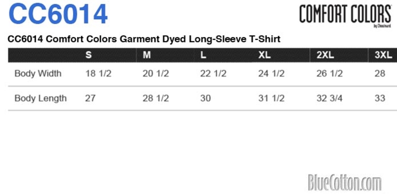 Size chart for a CC6014 Comfort Colors Garment Dyed Long-Sleeve T-Shirt