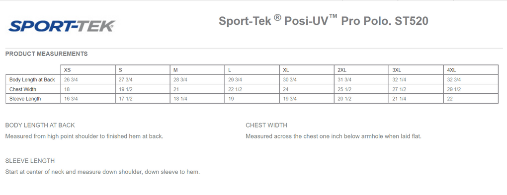 Size chart for a ST520 Sport-Tek Posi-UV Pro Polo