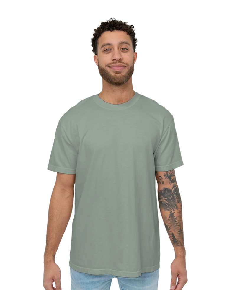 Image of a model wearing a CC1717 Comfort Colors Pigment Dyed Short Sleeve Shirt